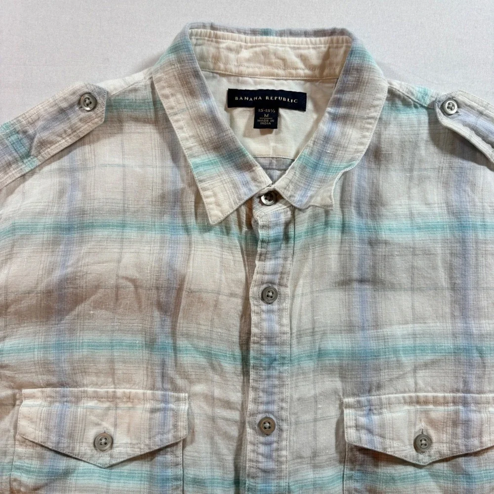 Banana Republic Linen Shirt Mens Medium Plaid Long Sleeve Button Down Casual